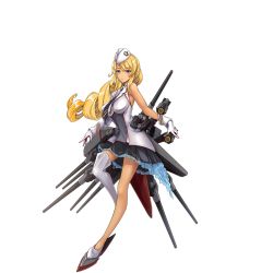 Rule 34 | 1girl, black skirt, blonde hair, boots, breasts, cannon, dress, drill hair, full body, garrison cap, gloves, grey eyes, hat, long hair, long sleeves, looking at viewer, machinery, necktie, official art, parted lips, pleated skirt, purple necktie, salt lake city (warship girls r), shoes, single sleeve, single thigh boot, skirt, solo, thigh boots, thighhighs, togenagi futaba, transparent background, turret, warship girls r, white dress, white footwear, white gloves, white hat