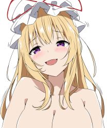 Rule 34 | 1girl, blonde hair, blush, breasts, cleavage, collarbone, completely nude, hat, hat ribbon, highres, large breasts, long hair, looking at viewer, mob cap, nude, out-of-frame censoring, purple eyes, red ribbon, ribbon, sidelocks, simple background, solo, touhou, to~fuya, upper body, very long hair, white background, yakumo yukari