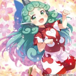 Rule 34 | 1girl, album cover, aqua hair, blush, brown footwear, buttons, clenched hands, cloud print, collared shirt, commentary request, cover, curly hair, eyelashes, floral background, flower, geta, green eyes, grey horns, heart, heart print, horns, kariyushi shirt, kito (sorahate), komainu ears, komano aunn, leg up, long hair, looking at viewer, midriff peek, official art, open mouth, pants, paw pose, petals, pink flower, puffy short sleeves, puffy sleeves, red shirt, red trim, shirt, short sleeves, single horn, smile, teeth, touhou, touhou cannonball, upper teeth only, white pants, yellow background