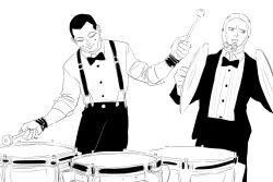 Rule 34 | 2boys, bow, bowtie, character request, chengongzi123, closed eyes, closed mouth, coat, collared shirt, cymbals, drum, golden kamuy, greyscale, hand up, hands up, highres, instrument, long sleeves, male focus, monochrome, multiple boys, music, pants, playing instrument, shirt, short hair, simple background, smile, standing, striped clothes, striped shirt, suspenders, upper body, usami tokishige, very short hair, white background