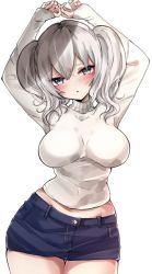 Rule 34 | 1girl, alternate costume, arms up, blue eyes, blue skirt, breasts, chigasaki yukari, commentary request, denim, denim skirt, kantai collection, kashima (kancolle), large breasts, looking at viewer, miniskirt, sidelocks, silver hair, simple background, skirt, solo, sweater, twintails, wavy hair, white background, white sweater