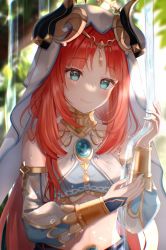 Rule 34 | 1girl, aqua eyes, blurry, blurry background, branch, closed mouth, dancer, detached sleeves, fake horns, forehead jewel, genshin impact, gold trim, harem outfit, highres, horns, leaf, long hair, low twintails, midriff, nasii, nilou (genshin impact), parted bangs, pouring, red hair, smile, solo, twintails, upper body, veil, water, wet