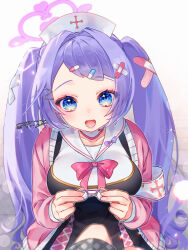 Rule 34 | 1girl, 1other, applying bandaid, armband, bandaid, bandaid hair ornament, black dress, blue archive, blue eyes, blush, breasts, choker, commentary request, crossed bandaids, dress, fang, feet, hair ornament, hairclip, halo, hanae (blue archive), hat, heart, heart halo, holding bandaid, jacket, large breasts, looking at viewer, memento mori (mmnt0 0mr), nurse cap, open mouth, oppai loli, pill hair ornament, pink halo, pink jacket, pov, pov legs, purple hair, safety pin, sailor collar, sailor dress, skin fang, solo focus, twintails, white choker, white sailor collar