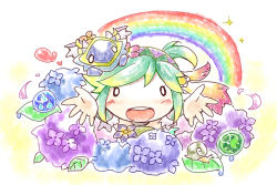 Rule 34 | 1girl, :d, blush, dragon, flower, green hair, hair flower, hair ornament, hydrangea, leaf, looking at viewer, nyagakiya, open mouth, orb, outstretched arms, plan (p&amp;d), puzzle &amp; dragons, rainbow, short hair, smile, snail, solid circle eyes, solo, sparkle