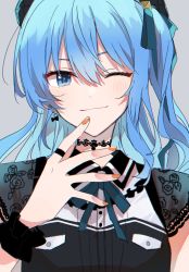Rule 34 | 1girl, ;), absurdres, asymmetrical hair, black choker, black shirt, blue eyes, blue hair, blue ribbon, blush, bow, bow earrings, breasts, choker, closed mouth, collared shirt, commentary, earrings, grey background, hair between eyes, highres, hololive, hoshimachi suisei, hoshimachi suisei (streetwear), jewelry, lace-trimmed sleeves, lace trim, light blue hair, long hair, looking at viewer, musshu (omu001), nail polish, neck ribbon, official alternate costume, one eye closed, orange nails, ribbon, shirt, short sleeves, side ponytail, simple background, small breasts, smile, solo, star (symbol), star in eye, symbol in eye, upper body, virtual youtuber, wing collar, wrist cuffs