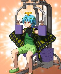 Rule 34 | 1girl, adapted costume, antennae, aqua hair, black dress, closed mouth, dress, eternity larva, fairy, fairy wings, green dress, green footwear, green shorts, leaf, leaf on head, multicolored clothes, multicolored dress, red eyes, revision, shirosato, shoes, short hair, short sleeves, shorts, sitting, solo, touhou, wings