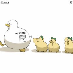 Rule 34 | bird, diva (hyxpk), duck, duckling, english text, frog headband, highres, missing poster, no humans, numbered, original, simple background, walking away, white background