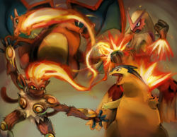 Rule 34 | blaziken, blue eyes, breath weapon, breathing fire, byte (grunty-hag1), charizard, clenched hands, closed mouth, commentary, commentary request, creature, creatures (company), dragon, fiery hair, fire, furry, game freak, gen 1 pokemon, gen 2 pokemon, gen 3 pokemon, gen 4 pokemon, infernape, looking at another, looking away, nintendo, outstretched arms, pokemon, pokemon (creature), pokemon dppt, pokemon gsc, pokemon rgby, pokemon rse, red eyes, smile, standing, typhlosion, wings