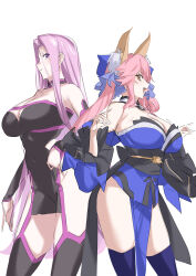 Rule 34 | 2girls, absurdres, animal ear fluff, animal ears, bare shoulders, black dress, black thighhighs, blue bow, blue kimono, blue thighhighs, bow, breasts, cleavage, collar, covered navel, detached collar, detached sleeves, dress, facial mark, fate/extra, fate/grand order, fate/stay night, fate (series), forehead, forehead mark, fox ears, fox girl, fox shadow puppet, garter straps, hair between eyes, hair bow, highres, japanese clothes, kimono, large breasts, long hair, looking at viewer, medusa (fate), medusa (rider) (fate), medusa (rider) (third ascension) (fate), mogi yasunobu, multiple girls, obi, open mouth, parted bangs, pelvic curtain, pink hair, purple eyes, purple hair, sash, short dress, side slit, sidelocks, smile, tamamo (fate), tamamo no mae (fate/extra), thighhighs, thighs, twintails, very long hair, wide sleeves, yellow eyes