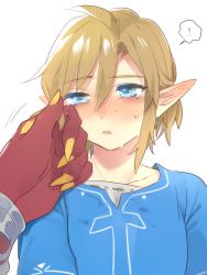 Rule 34 | !, 2boys, :o, blonde hair, blue eyes, blue shirt, blush, commentary request, earrings, hair between eyes, highres, jewelry, link, male focus, multiple boys, nail polish, nintendo, open mouth, pointy ears, shirt, sidon, simple background, spoken exclamation mark, sweat, tears, the legend of zelda, the legend of zelda: breath of the wild, ttanuu., upper body, yaoi, yellow nails