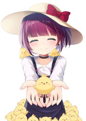 Rule 34 | 1girl, ^ ^, absurdres, animal, bird, black choker, black dress, blush, bow, brown hat, chick, choker, closed eyes, closed mouth, collarbone, collared shirt, dress, earrings, hat, hat bow, highres, holding, holding animal, ikazu401, jewelry, nagisa arcinia, nijisanji, nijisanji id, outstretched arms, purple hair, red bow, shirt, simple background, sleeveless, sleeveless dress, smile, solo, stud earrings, sun hat, virtual youtuber, white background, white shirt