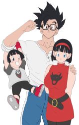 Rule 34 | 1boy, 2girls, bare shoulders, belt, black eyes, black hair, blue eyes, blunt bangs, blunt ends, child, couple, dragon ball, dress, family, father and daughter, fingerless gloves, glasses, gloves, happy, hazama null, height difference, highres, husband and wife, mother and daughter, multiple girls, muscular, muscular male, pan (dragon ball), red dress, red gloves, red hair bow, short hair, side-by-side, simple background, sleeves rolled up, smile, son gohan, tagme, videl