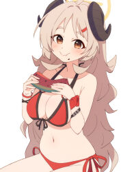 Rule 34 | 1girl, afnroll, ahoge, bare arms, bikini, black horns, blue archive, blush, breasts, brown eyes, cleavage, closed mouth, commentary, cowboy shot, curled horns, eating, food, front-tie bikini top, front-tie top, fruit, hair ornament, hairclip, halo, halterneck, highres, horns, izumi (blue archive), izumi (swimsuit) (blue archive), large breasts, light brown hair, long hair, navel, official alternate costume, red bikini, scrunchie, short eyebrows, side-tie bikini bottom, sideboob, simple background, sitting, solo, stomach, string bikini, swimsuit, symbol-only commentary, teeth, thick eyebrows, thighs, upper teeth only, very long hair, watermelon, watermelon seeds, watermelon slice, wavy hair, weight conscious, white background, wrist scrunchie, wristband