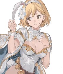 Rule 34 | 1girl, animal ears, belt, blonde hair, blush, breasts, brown eyes, cape, cleavage, djeeta (granblue fantasy), fake animal ears, fake tail, flower, granblue fantasy, hair flower, hair ornament, hairband, hashibiro kou (garapiko p), highres, leotard, looking to the side, open mouth, rabbit ears, rabbit tail, sage (granblue fantasy), short hair, short sleeves, shrug (clothing), simple background, small breasts, smile, solo, tail, upper body, white background, white leotard, wrist cuffs