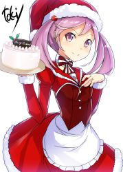 Rule 34 | 10s, 1girl, apron, artist name, cake, christmas, dress, female focus, food, fur trim, hair bobbles, hair ornament, hand on own chest, hat, highres, kantai collection, long sleeves, looking at viewer, maid, maid apron, pink eyes, pink hair, puffy long sleeves, puffy sleeves, red dress, santa costume, santa hat, sazanami (kancolle), simple background, smile, solo, toki/, twintails, white background