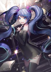 Rule 34 | 1girl, black dress, black sleeves, black thighhighs, blue eyes, blue hair, blue nails, breasts, cleavage cutout, clothing cutout, detached sleeves, dress, floating hair, ghost rule (vocaloid), grin, hatsune miku, index finger raised, long hair, long sleeves, looking at viewer, medium breasts, nail polish, shiny clothes, shiny legwear, short dress, sleeveless, sleeveless dress, sleeves past wrists, smile, solo, standing, thighhighs, tictoc mull, twintails, very long hair, vocaloid, zettai ryouiki