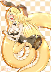 Rule 34 | 1girl, absurdres, animal ears, blonde hair, blush, bow, bowtie, breasts, checkered background, cleavage, detached collar, fake animal ears, fangs, green eyes, hair ornament, hair over one eye, hairclip, highres, inutokage, lamia, long hair, looking at viewer, monster girl, open mouth, original, playboy bunny, rabbit ears, rabbit tail, solo, tail, tears