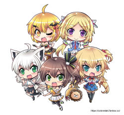 Rule 34 | 5girls, ahoge, akai haato, akai haato (1st costume), aki rosenthal, aki rosenthal (1st costume), animal ears, bat hair ornament, black gloves, black legwear, black shorts, blonde hair, blue eyes, blue skirt, blue vest, blush, breasts, brown hair, chibi, colonel aki, commentary, crop top, detached hair, dress, ebi frion (natsuiro matsuri), elbow gloves, english commentary, fox ears, fox girl, fox tail, gloves, green eyes, hair between eyes, hair ornament, hair ribbon, hairclip, hand on own hip, hololive, hood, hoodie, long hair, looking at viewer, medium breasts, multiple girls, natsuiro matsuri, natsuiro matsuri (1st costume), necktie, one eye closed, one side up, open mouth, orange shirt, outstretched arms, parted lips, paw pose, purple eyes, red neckwear, ribbon, shirakami fubuki, shirakami fubuki (1st costume), shirt, short hair, short shorts, shorts, sidelocks, silver hair, simple background, single thighhigh, skirt, smile, tail, thighhighs, v, vest, virtual youtuber, white background, white dress, white hoodie, white skirt, yellow eyes, yozora mel, yozora mel (2nd costume)