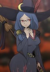 Rule 34 | 1girl, artist name, black choker, blue hair, blurry, blurry background, breasts, broom, choker, commentary, cowboy shot, crescent, crescent pin, feathers, glasses, hair tubes, hand on own chin, hat, hat feather, highres, holding, holding broom, light smile, little witch academia, long hair, looking to the side, medium breasts, omiza somi, red eyes, red feathers, signature, solo, ursula callistis, watermark, wide sleeves, witch, witch hat