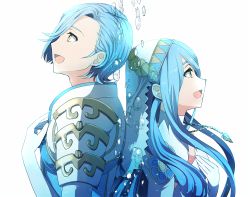 Rule 34 | 1boy, 1girl, armor, azura (fire emblem), blue hair, cimeri, fire emblem, fire emblem fates, jewelry, long hair, mother and son, music, necklace, nintendo, pauldrons, shigure (fire emblem), short hair, shoulder armor, simple background, singing, smile, water, white background, yellow eyes