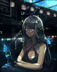 Rule 34 | 1girl, bare arms, bare shoulders, black dress, black gloves, black hair, blurry, blurry background, breasts, brown eyes, bug, butterfly, ceiling light, cleavage, cleavage cutout, clothing cutout, collarbone, commentary request, cup, depth of field, dress, drink, drinking glass, girls&#039; frontline, gloves, glowing butterfly, green hair, hair ornament, halter dress, halterneck, highres, indoors, insect, long hair, looking at viewer, m4a1 (girls&#039; frontline), mai (xskdizzy), medium breasts, multicolored hair, parted lips, reflection, sleeveless, sleeveless dress, solo, streaked hair, table, two-tone hair, upper body, very long hair
