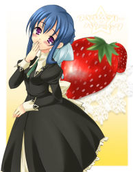 Rule 34 | 00s, 1girl, black dress, blue hair, blush, braid, copyright name, dress, female focus, food, fruit, fruit background, hair ornament, hand over mouth, hand to own mouth, head tilt, juliet sleeves, lace, long hair, long sleeves, looking at viewer, necktie, puffy sleeves, purple eyes, school uniform, serafuku, setins, sidelocks, sleeves rolled up, smile, solo, star (symbol), strawberry, strawberry panic!, suzumi tamao, text focus, translated