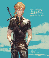 Rule 34 | 1boy, alternate costume, belt, black belt, black pants, black shirt, blonde hair, blue background, blue eyes, blue sky, bracelet, cloud, commentary request, contemporary, copyright name, cowboy shot, day, english text, engrish text, hair between eyes, hands in pockets, highres, jewelry, link, m/g, male focus, necklace, nintendo, pants, pendant, pointy ears, ranguage, shirt, short hair, short sleeves, sky, solo, standing, sword, sword behind back, the legend of zelda, the legend of zelda: breath of the wild, triforce, weapon, weapon on back