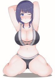 Rule 34 | 1girl, ;), arm over head, arms up, artist name, artist request, asaka karin, bare legs, bare shoulders, bikini, black bikini, blue eyes, blue hair, blush, breasts, cleavage, cross-laced bikini, cross-laced bikini top, cross-laced clothes, dark blue hair, female focus, hair over shoulder, hands over head, hands up, highres, large breasts, looking at viewer, love live!, love live! nijigasaki high school idol club, love live! school idol festival, mole, mole on body, mole on breast, one eye closed, parted lips, short hair, smile, solo, swimsuit, white background