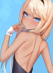 Rule 34 | 1girl, :q, back, back focus, backless leotard, bare shoulders, blonde hair, blue background, blue eyes, blue nails, blush, collar, dark-skinned female, dark skin, kanzaki muyu, leotard, long hair, looking at viewer, original, playboy bunny, simple background, smile, solo, tongue, tongue out, white collar, wrist cuffs