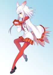 Rule 34 | 10s, 1girl, bird tail, blue background, frilled sleeves, frills, full body, fur collar, gloves, gradient background, hand on own chest, head wings, japanese crested ibis (kemono friends), kemono friends, long sleeves, mary janes, multicolored hair, nagasioo, orange eyes, orange pantyhose, pantyhose, red hair, shoes, solo, tail, two-tone background, two-tone hair, white background, white hair, wide sleeves, wings