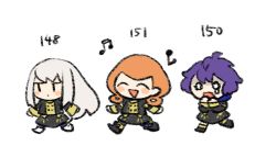 Rule 34 | 3girls, annette fantine dominic, beamed eighth notes, bernadetta von varley, blush stickers, chibi, commentary request, eighth note, closed eyes, fire emblem, fire emblem: three houses, garreg mach monastery uniform, long hair, long sleeves, lysithea von ordelia, messy hair, multiple girls, musical note, nintendo, orange hair, single tear, triangle mouth, wavy eyes, wavy mouth, white background, white hair, yomico 2gou