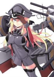 Rule 34 | 1girl, anchor, bare shoulders, bismarck (kancolle), blonde hair, blue eyes, breasts, brown gloves, cannon, cleavage, closed mouth, collarbone, cowboy shot, detached sleeves, gloves, grey thighhighs, hair between eyes, hat, kantai collection, kuhotaka, large breasts, long hair, looking at viewer, machinery, military, military hat, military uniform, peaked cap, simple background, sleeveless, solo, thighhighs, turret, zettai ryouiki