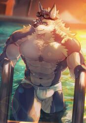 Rule 34 | 1boy, abs, animal ears, bara, bulge, commission, furry, furry male, goggles, goggles on head, grey fur, highres, large pectorals, looking to the side, male focus, male swimwear, mature male, muscular, muscular male, navel, navel hair, neumo, nipples, original, pectorals, poolside, scar, second-party source, short hair, solo, stomach, strongman waist, sunset, swim briefs, tail, thick eyebrows, thick thighs, thighs, topless male, white male swimwear, wolf boy, wolf ears, wolf tail