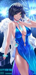 Rule 34 | 1girl, 2023, bare arms, bare shoulders, blue dress, blue hair, blush, breasts, cleavage, commentary, diagonal bangs, dress, english commentary, english text, fireworks, genshin impact, gloves, green eyes, happy new year, highres, large breasts, looking at viewer, mole, mole on breast, new year, outdoors, parted lips, short hair, smile, solo, thighs, twitter username, uenoryoma, vision (genshin impact), white gloves, yelan (genshin impact)