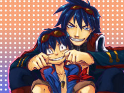 Rule 34 | 00s, 2boys, blue eyes, blue hair, collar, drill, dual persona, forced smile, goggles, grin, lolalol, multiple boys, nervous, aged up, simon (ttgl), smile, sweat, tengen toppa gurren lagann, time paradox, aged down