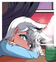 Rule 34 | 1girl, ahoge, aikohgin, animal ear fluff, animal ears, blue shirt, blurry, braid, casual, cloud, cup, curtains, depth of field, earrings, evening, eyelashes, fox ears, green eyes, head on table, highres, hololive, indoors, jewelry, long hair, looking at viewer, red sky, resting, shirakami fubuki, shirt, single braid, sky, solo, steam, table, virtual youtuber, white hair, window, yunomi