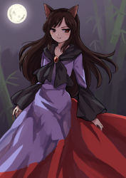Rule 34 | 1girl, animal ears, asada ryou, bamboo, bamboo forest, blush, brown hair, dress, fingernails, forest, full moon, highres, imaizumi kagerou, jewelry, long fingernails, long hair, long sleeves, looking at viewer, moon, nature, night, red eyes, smile, solo, touhou, wolf ears