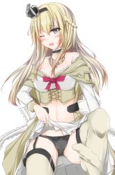 Rule 34 | 1girl, absurdres, black panties, blonde hair, blue eyes, braid, corset, crown, dress, dress shirt, ferdinand (akizuki), flower, french braid, garter straps, highres, jewelry, kantai collection, lifted by self, long hair, long sleeves, mini crown, necklace, no shoes, off-shoulder dress, off shoulder, one eye closed, panties, red flower, red ribbon, red rose, ribbon, rose, shirt, simple background, solo, thighhighs, underwear, warspite (kancolle), white background, white dress, white thighhighs