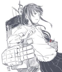 Rule 34 | 10s, 1girl, artist name, dated, dress shirt, hatsushimo (kancolle), kantai collection, kawashina (momen silicon), long hair, long sleeves, low-tied long hair, monochrome, pleated skirt, shirt, sidelocks, simple background, skirt, solo, turret, white background