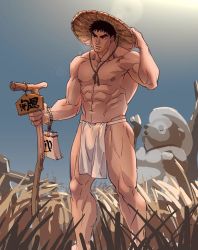 Rule 34 | 1boy, abs, alternate costume, bara, black hair, bulge, feet out of frame, grass, hat, loincloth, looking to the side, male focus, muscular, muscular male, navel, nipples, outdoors, pectorals, ryu (street fighter), short hair, solo, standing, stomach, straw hat, street fighter, sunlight, sweat, thick eyebrows, thighs, topless male, translation request, yuiofire