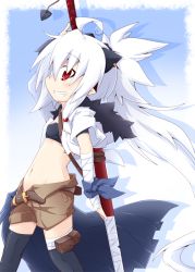 Rule 34 | 1girl, ahoge, bandages, belt, female focus, flat chest, gradient background, grin, horns, long hair, midriff, navel, original, pointy ears, polearm, ponytail, profile, red eyes, reku, shiroko (reku), shorts, smile, solo, thighhighs, weapon, white hair