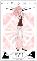 Rule 34 | 10s, 1other, 2015, :d, androgynous, bare arms, bare legs, black footwear, black necktie, black shorts, border, character name, cojima, collared shirt, dated, full body, gem (symbol), hair between eyes, high heels, houseki no kuni, legs apart, long hair, long legs, looking at viewer, morganite (houseki no kuni), necktie, open mouth, own hands together, pink eyes, pink hair, ponytail, roman numeral, shirt, shoes, short sleeves, shorts, smile, solo, standing, suspender shorts, suspenders, uniform, white shirt