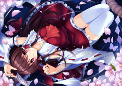Rule 34 | 1girl, bad id, bad pixiv id, blush, bow, brown hair, bug, butterfly, cherry blossoms, detached sleeves, frills, from above, hair bow, hair tubes, hakurei reimu, insect, long hair, looking at viewer, mushroom (artist), ofuda, petals, red eyes, ribbon-trimmed sleeves, ribbon trim, skirt, smile, solo, thighhighs, touhou, water, white thighhighs