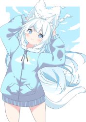 Rule 34 | 1girl, animal ear fluff, animal ears, arms up, blue eyes, blue hoodie, blue sky, blush, closed mouth, cloud, commission, daidai ookami, day, drawstring, eyebrows hidden by hair, highres, hood, hood down, hoodie, leaning to the side, long hair, long sleeves, original, puffy long sleeves, puffy sleeves, skeb commission, sky, smile, solo, tail, very long hair, white hair