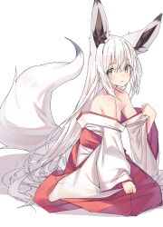 Rule 34 | 1girl, animal ear fluff, animal ears, bare shoulders, fox ears, fox tail, highres, japanese clothes, kimono, kneeling, long hair, long sleeves, looking at viewer, original, parted lips, partially undressed, red kimono, shiro youduki, solo, tail, very long hair, white background, white hair, wide sleeves, yellow eyes