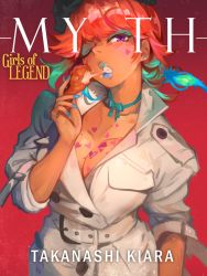 Rule 34 | 1girl, alternate costume, aqua hair, beret, black headwear, blue lips, breasts, business suit, cleavage, colored inner hair, cover, earrings, eating, formal, fried chicken, hat, heart, heart tattoo, highres, hololive, hololive english, jewelry, khyle., large breasts, lips, magazine cover, makeup, multicolored hair, nail polish, name connection, one eye closed, orange hair, paint, parody, purple eyes, stud earrings, style parody, suit, takanashi kiara, tattoo, virtual youtuber