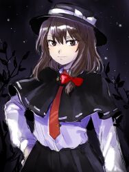 Rule 34 | 1girl, black capelet, black hat, black skirt, bow, brown eyes, brown hair, capelet, closed mouth, fedora, hair bow, hand on own hip, hat, highres, kuya (hey36253625), long sleeves, medium hair, necktie, night, outdoors, red bow, red necktie, shirt, single sidelock, sketch, skirt, smile, solo, tie clip, touhou, usami renko, white shirt