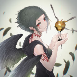 Rule 34 | 1girl, apple, artist request, bare shoulders, black hair, black jacket, black shirt, black wings, breasts, character request, commentary, copyright request, food, fork, from side, fruit, golden apple, hood, hooded jacket, jacket, looking at viewer, medium breasts, red eyes, shirt, short hair, sidelocks, sleeveless, sleeveless jacket, slit pupils, smile, solo, wings
