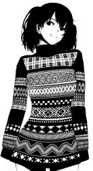 Rule 34 | 1girl, absurdres, dress, flat color, from below, greyscale, head tilt, highres, messy hair, monochrome, original, patterned, rur (ml ruru), short hair, simple background, sleeves past wrists, smile, solo, standing, sweater, sweater dress, twintails