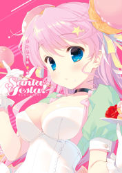 Rule 34 | 1girl, black choker, blue eyes, blush, breasts, choker, dress, flower, food, food on face, fork, gloves, hair ornament, hair ribbon, hand up, highres, holding, holding fork, long hair, looking at viewer, medium breasts, original, parted lips, pastry, pink background, pink hair, pinky out, puffy short sleeves, puffy sleeves, red flower, red rose, ribbon, rose, santa matsuri, short sleeves, solo, star (symbol), star hair ornament, tray, underbust, upper body, white gloves, white ribbon